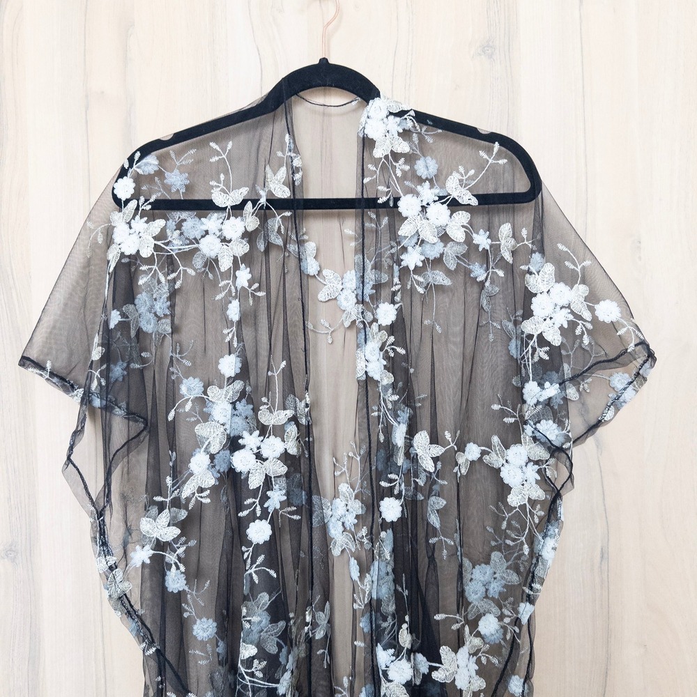 Women Embroidered Sheer Kimono Duster OS Black Floral Mesh Fringe Boho Festival - Picture 2 of 7